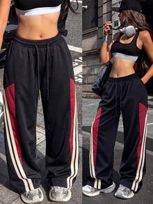 Knot & Curve Women's Long Pants Spring/Autumn Drawstring Elastic Waist Colorblock Striped Patchwork Wide Leg Draped Athletic Sweatpants Versatile Casual Pants - Black - View 2