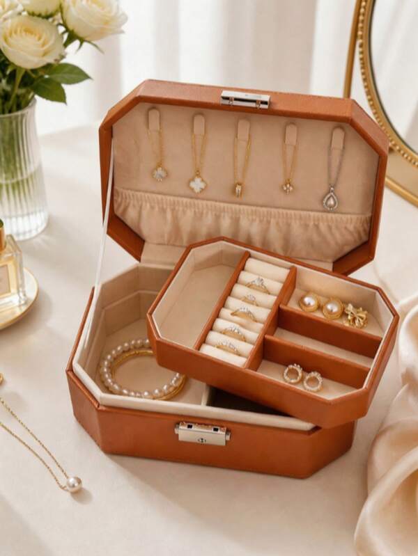 1pc PU Leather Jewelry Box, Vintage Jewelry Organizer Case With Multi Compartments, Travel Jewelry Storage Box With Ring Holder, Earring Organizer, Necklace Bracelet Watch Holder, Elegant Vanity Storage Case For Women Bedroom Dresser