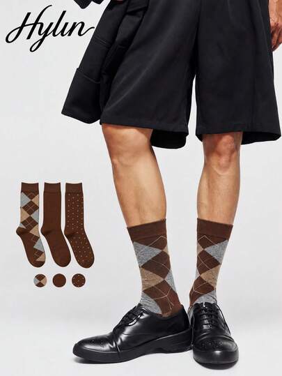 3 Pairs Men's Mid-Calf Socks, Warm Autumn/Winter Retro Maillard Color Palette Argyle Pattern, Business Style Dress Socks, Suitable For Suit Outfits