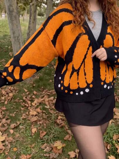 Cardigan de Tricô Jacquard com Decote em V, Borboleta Monarca Amarela & Preta, Ombro Caído, Frente Aberta, Jaqueta de Suéter para Férias e Outono Feminino