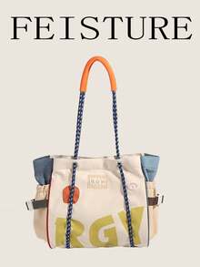 1 pieza Bolso de lona grande con capacidad y estampado de letras coloridas FEISTURE, adecuado para niñas, mujeres, estudiantes universitarios, trabajadores de oficina, excelente para trabajo, negocios, ir y venir, escuela - Blanco - Ver 2