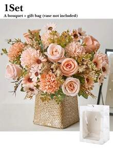 Artificial Flower Bouquet, Including Roses, Daisies, Double-Petal Flowers And Eucalyptus Leaves; Premium Mixed Floral Arrangement, Suitable For Home Decor, Holiday Decoration, Photography Props, Gift Decoration, Autumn Styling And Wedding Display. - Multicolor - View 15