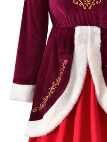 Vihyde Tween Girls Christmas New Arrival 2 Pieces Outfit, Luxe Velvet Faux Fur Trim Gold Embroidery Midi Dress With Christmas Hat Set - Burgundy - View 7
