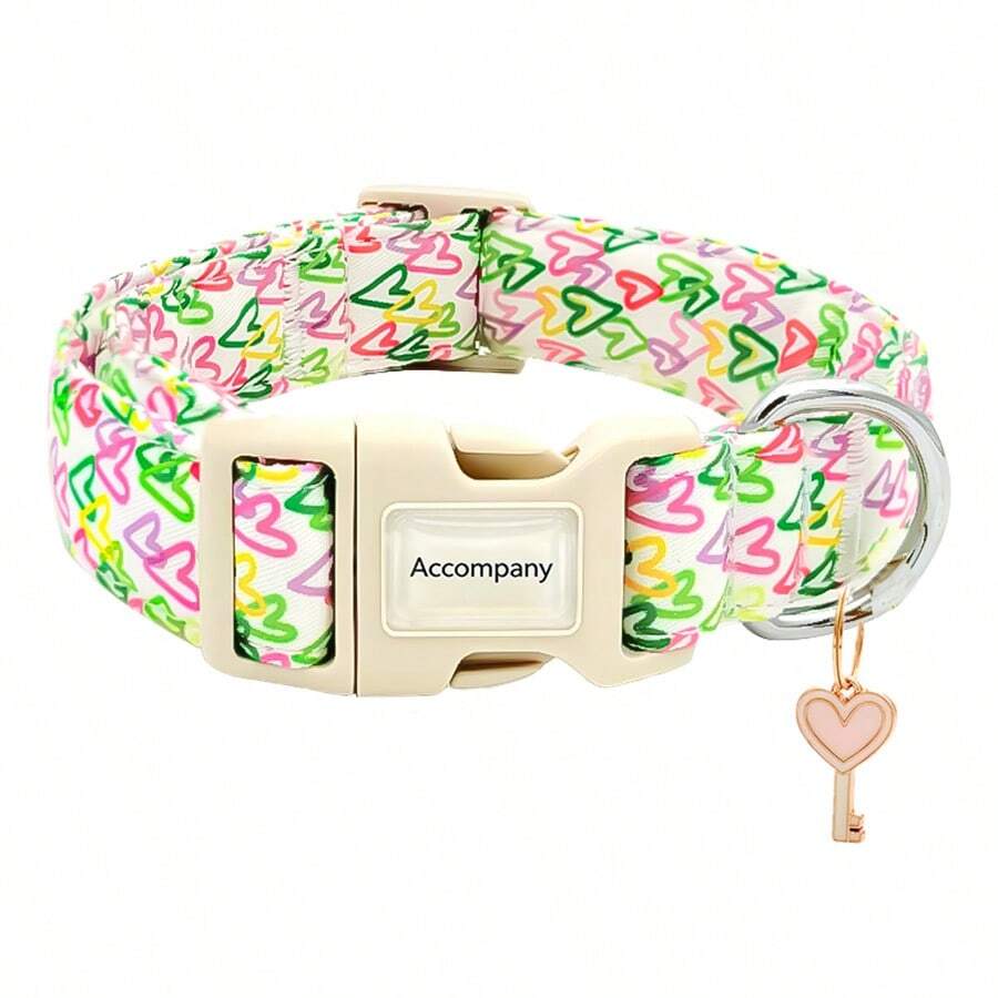 Graffiti Heart Print Dog Collar, Fully Adjustable Design, Universal For All Dog Breeds, Comes With Heart Key Metal Charm, Suitable For Thanksgiving, Easter, Independence Day - Multicolor - View 1