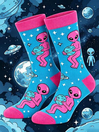 1 par de calcetines de media caña para hombre con divertido patrón de alienígenas, diseño de dibujos animados de planeta espacial, calcetines de otoño/invierno, regalo de Halloween/Navidad para hombres