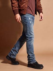 Men's Distressed Slim Fit Tapered Jeans, Vintage Blue Wash With Light Ripped Design, Cat Whisker Faded Distressed Vibe Style, Casual Versatile Stretch Denim Pants - Blue - View 4