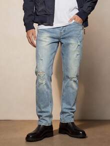Men's Washed Slim Fit Tapered Jeans, Vintage Gradient Cat Whisker Distressed With Multiple Knee Rips And Holes, Vibe Street Casual Everyday Denim - Blue - View 3