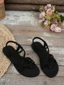 Bohemian Woven Women Casual Slip-On Flat Sandals, Minimalist European And American Style For Home, Party, Beach, Non-Slip Sole, Comfortable Wear - Black Upgraded Version - View 5
