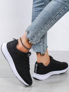 Women's Low-Top Sneakers - EVA Sole, All-Season Lace-Up Athletic Shoes, Lightweight Durable Knit Design, Multiple Colors Available, Comfortable Fit - Black - View 2