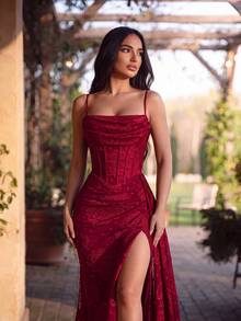 ADYCE Elegant Spaghetti Strap Jacquard Fabric Pleated Boning High-Waist Long Ribbon High-Slit Backless Tie Floor-Length Evening Gown For Prom Wedding - Burgundy - View 3