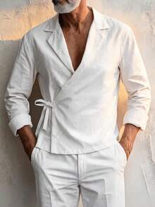 GOLDREDY Minimalist Solid Color Men's Relaxed Japanese Style Wrap Shirt, Linen Texture Loose Slouchy Tie Neck Long Sleeve Top - White - View 5