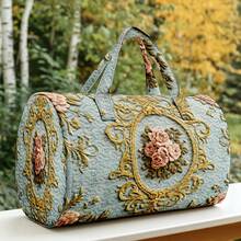1pc Light Gray-Blue Quilted Cylinder Handbag With Baroque Rose Gold Pattern, Women's Halloween Thanksgiving Christmas Gift - Multicolor - View 2