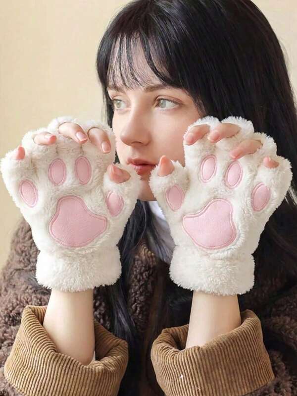 Plush Winter Gloves With Cat Paw Design Half-Finger Thermal Gloves For Women Fingerless Gloves With Soft Elastic Cuffs Work Gloves For Office Cycling Outdoor Activities Daily Wear Autumn Winter Essentials Accessories