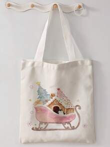 1pc Random Christmas Print Canvas Tote Bag, Large Capacity Hand‑Held Shoulder Bag,Reusable Shopping Bag For Music Festival Party Daily Packing Books - Pink - View 11