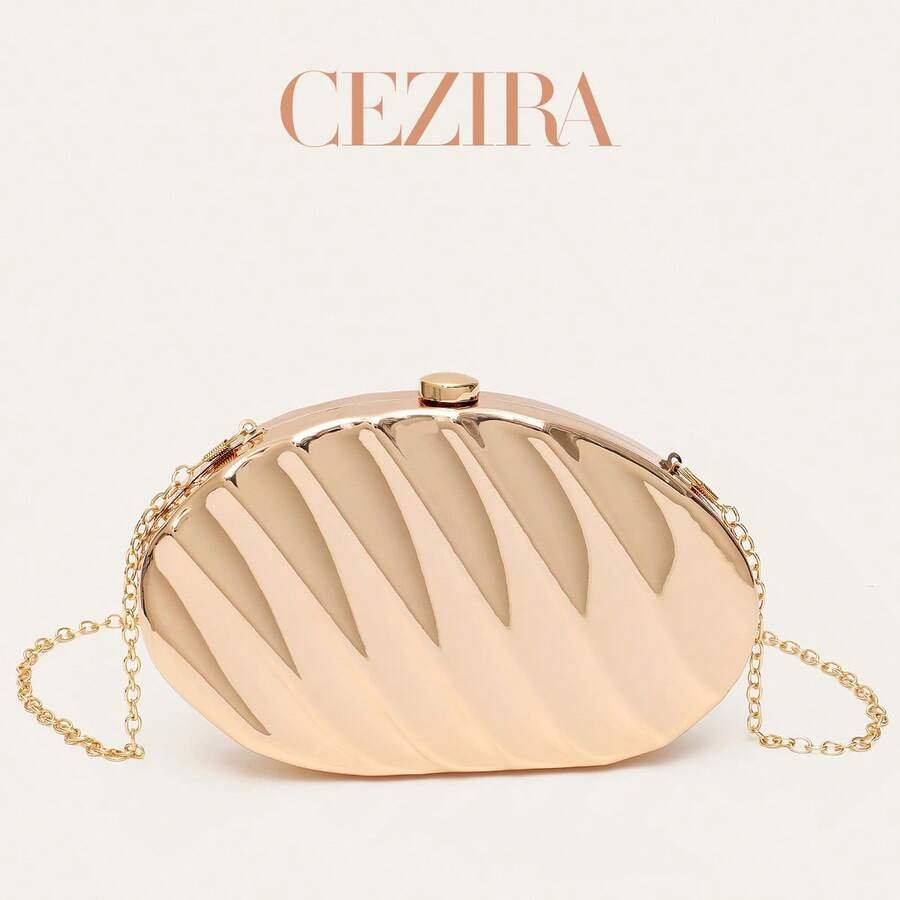 CEZIRA Women's Elegant Exquisite Glossy Metal Shell Evening Clutch Bag, Luxury Striped Wallet Suitable For Phone, Party, Banquet, Date, Wedding - Gold - View 1