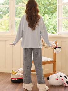 2pcs Women's Pajama Set, Pullover Round Neck Cute Animal Print Minimalist Long Sleeve Cropped Pants, Suitable For All Seasons - Grey - View 3