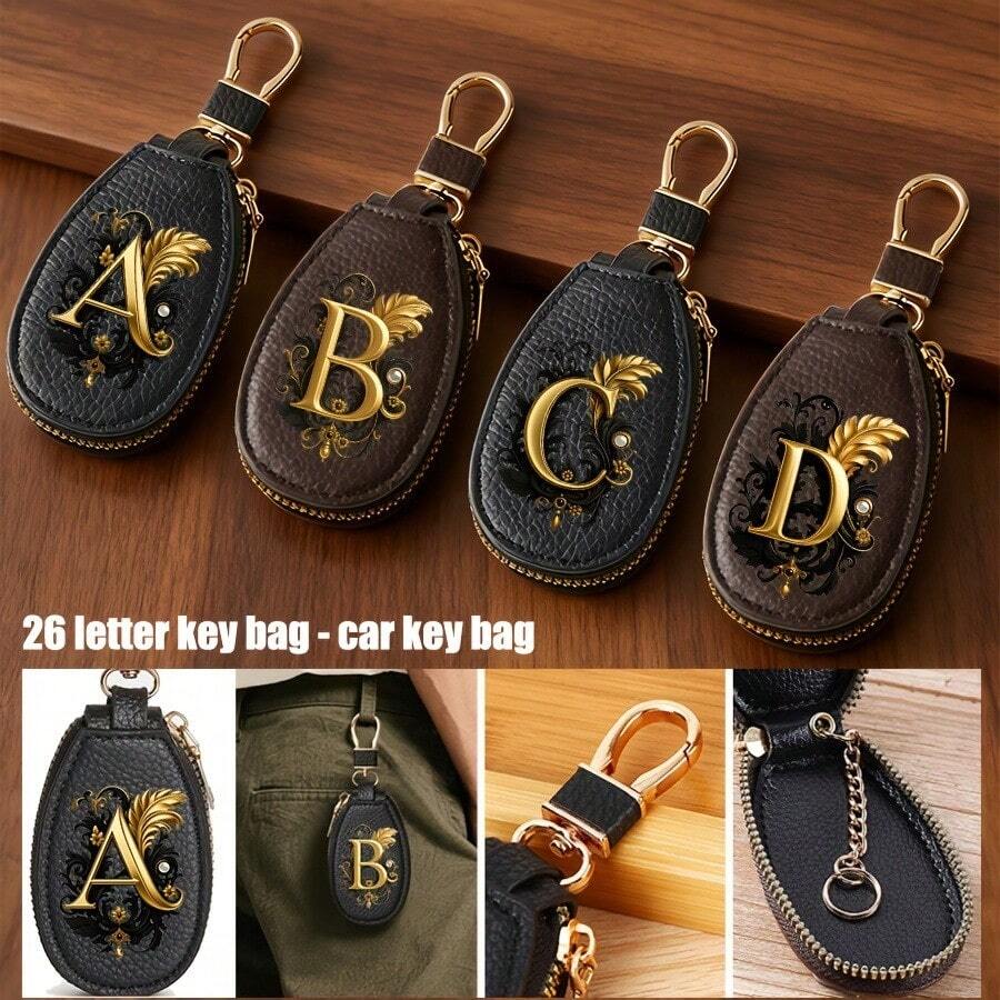 Litchi Pattern Key Bag -Black Gold Letters A-Z Car Key Protection Cover,PU Key Storage Clip,Zipper Bag,Car Key Storage Device,Car Keychain,Unisex Gift - Multicolor - View 1