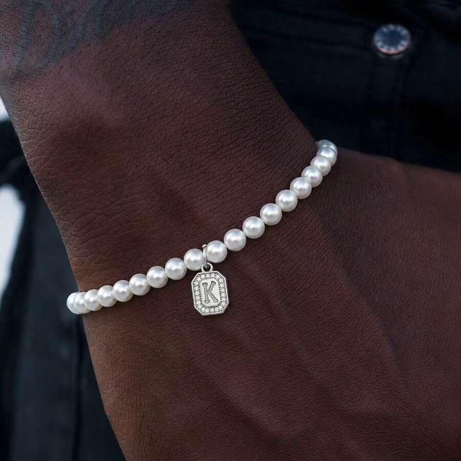 1pc Fashion Silvery Block Initial Pendant Beaded Bracelets For Men - White - View 1