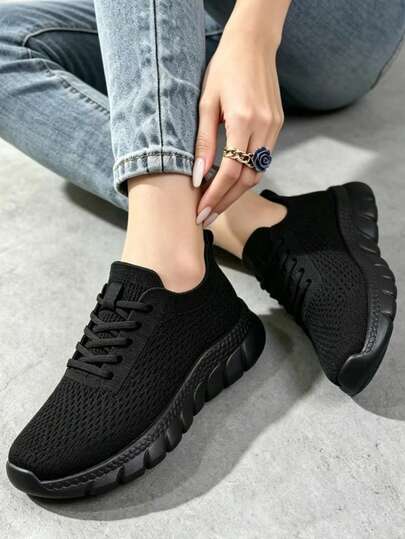 Women's Outdoor Sports Shoes Black Soft Mesh Breathable Tennis Shoes Non-Slip Lightweight Lace-Up Walking Casual Shoes