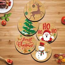6pcs Christmas Wooden Coasters, Cartoon Christmas Element Pattern Water Cup Heat Insulation Pads, Winter Home Desktop Decoration, Creative Christmas Gift - Multi-color LDX2547 - View 3