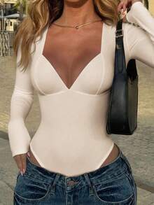 GLAMSKIN Women's Summer/Autumn Basic Solid Color Deep V-Neck Long Sleeve Fitted Bodysuit, Y2K Sexy Slim Fit Back To School Outing Daily Fall - Apricot - View 5