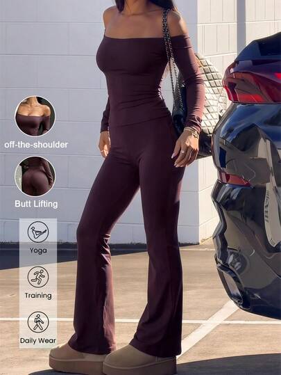 Aoqta Sports Women's Fall Winter Casual 2‑Piece Set, Zip Stand Collar Long Sleeve Top & High Waist Wide Leg Straight Pants,For Yoga,Fitness,Daily Wear