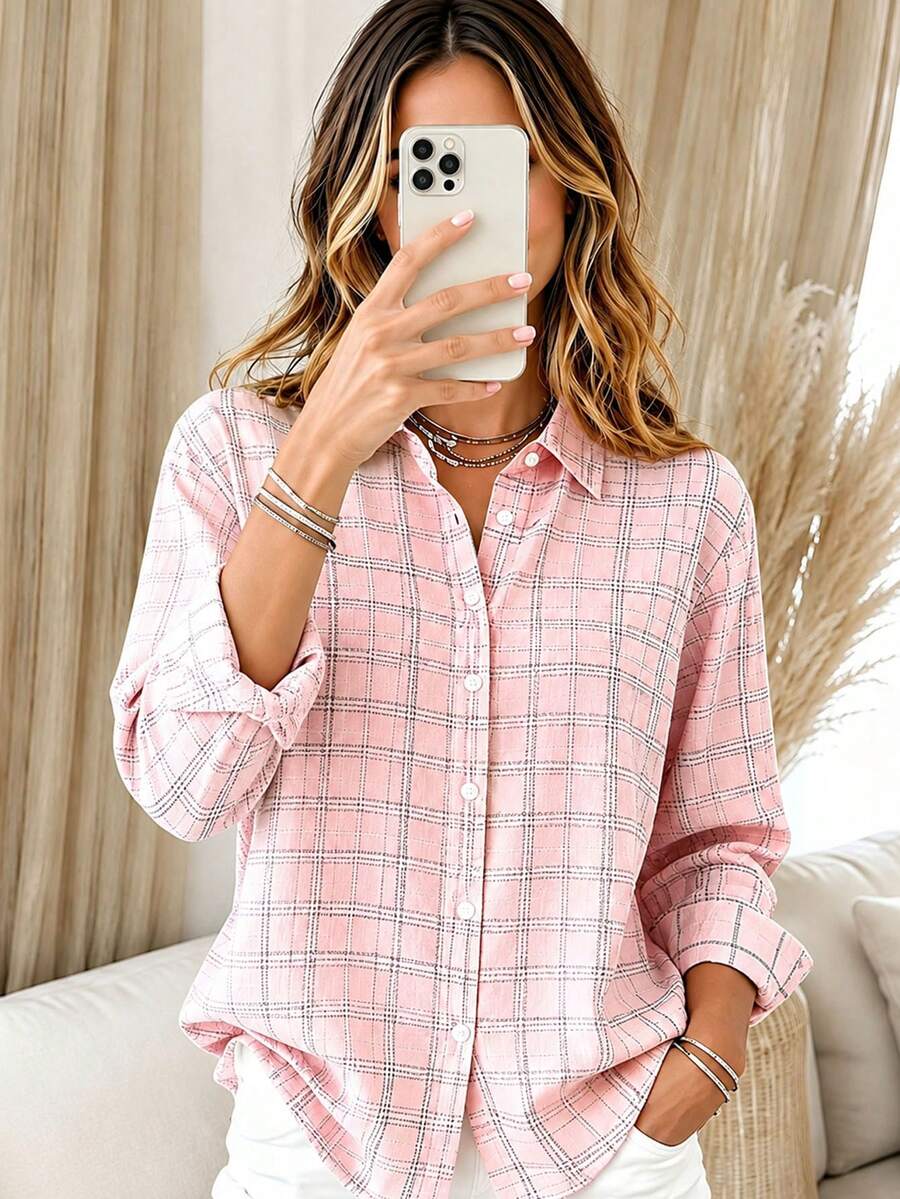 Casual Fashion Plaid Print Women's Plus Size Lightweight Long Sleeve Button-Down Shirt Pink