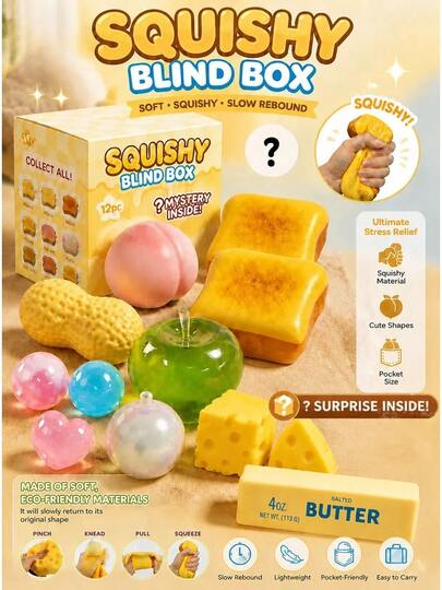 12pcs Squishy Mystery Blind Bags, Soft Slow Squeeze Balls, TPR Sensory Fidget Toys Stress & Anxiety Relief, Portable Desk Toys Home & Office, Party Favors & Holiday Surprise Gifts Kids Teens Adults