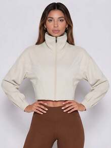 Never me Women's Sports Sweatshirt With Turn-Down Collar, Dropped Shoulder, Lantern Long Sleeve, Short Loose Fit Cover-Up For Yoga, Pilates, Daily Commute - Apricot - View 5
