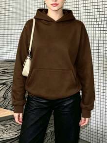 Sweatshirt Berkerudung Wanita, Sweatshirt Berkerudung Kasual Lengan Panjang Warna Cokelat Polos, Desain Belakang Berongga, Bagian Belakang Jala Mengkilap Gaya Musim Gugur - Coffee Brown - View 3