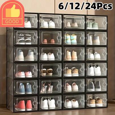 Stackable Clear Plastic Shoe Storage Boxes, 6/12/24 Pcs Set, Transparent Drawer Type Shoe Organizer With Lid, Dustproof Shoe Cabinet For Closet, Black/White Available
