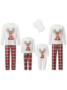 Matching Christmas Pajamas For Family Reindeer Print Tops + Plaid Pants - White - View 3