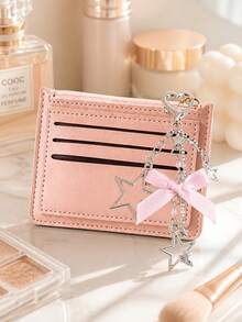 Minimalist Ultra-Thin Card Case, Featuring Delicate Heart-Shaped Star Bowknot Metal Chain Keychain, Money Bag, Card Holder, Wallet,Small Purse - Multicolor - View 4