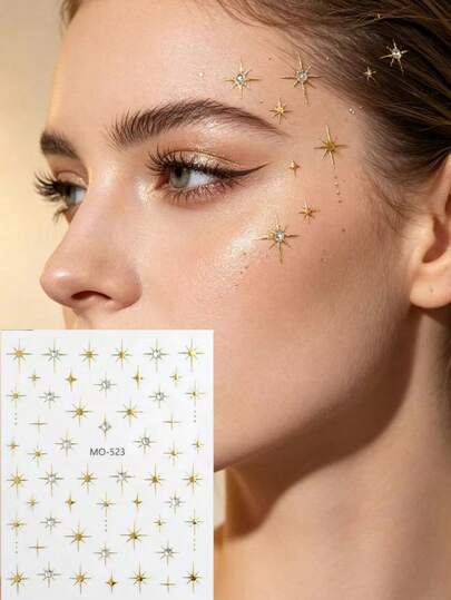 1 pieza Pegatina de maquillaje facial con temática de luz de estrellas, elementos de strass con línea metálica en forma de estrella de ocho puntas de varios tamaños, puede decorar ojos y mejillas, decoración de estilo para fotografía de retrato en fiestas y reuniones, accesorio de maquillaje autoadhesivo