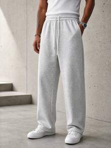 1pc Men's Gray Drawstring Wide Leg Sweatpants, Soft Skin-Friendly Knitted Fabric, Comfortable And Soft, Elastic Drawstring Waist Fits Various Waist Sizes, Machine Washable, Lazy Casual Style For Home, Daily Commute, Streetwear - Light Grey - View 1