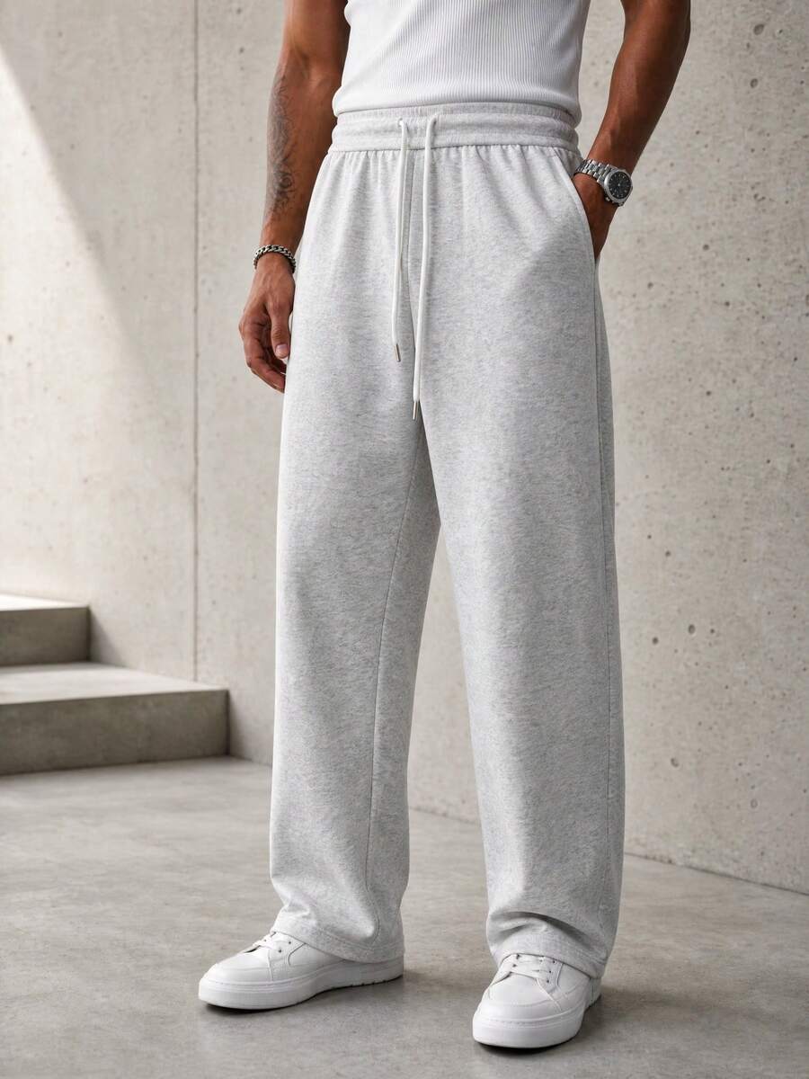 1pc Men's Gray Drawstring Wide Leg Sweatpants, Soft Skin-Friendly Knitted Fabric, Comfortable And Soft, Elastic Drawstring Waist Fits Various Waist Sizes, Machine Washable, Lazy Casual Style For Home, Daily Commute, Streetwear - Light Grey - View 1