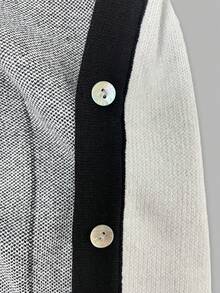 Women's French Minimalist Line Jacquard Knit Cardigan, Round Neck Contrast Ribbed Trim Long Sleeve, Versatile Short Cardigan For Early Autumn Casual Outings - Black and White - View 6