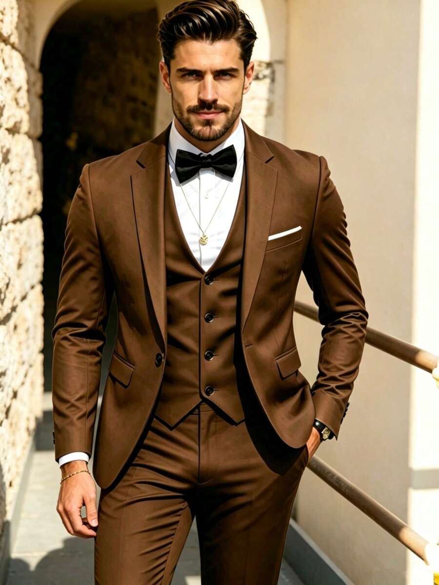 Men's Fashion Business Suit Spring Autumn High Quality Formal Office Set Slim Fit Groom Wedding Suit Jacket - Brown - View 1