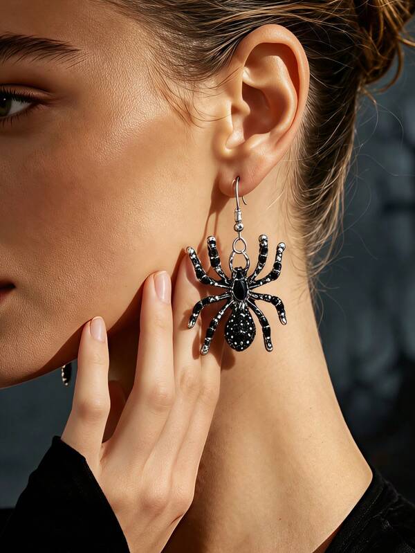 1 Pair Women's Vintage Gothic Black & Silver Faux Gemstone 3D Spider Hook Earrings, Shiny Faux Gem Spider Design Dangle Earrings, Suitable For Halloween Costume Party Wear