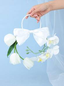 1pc Bohemian Style Satin Bow Ring Bridal Bouquet, Gentle & Elegant - White - View 7