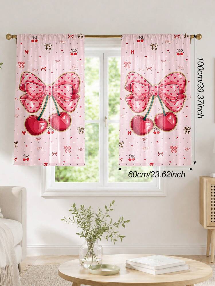 2PCS, Pink Heart Bow Cherry Print Curtains, Sweet Girl Style Bedroom Decor Fabric Curtains - Multicolor - View 18