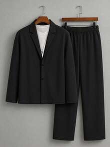 Men's Plus Size Suit Set, Solid Color Casual Suit Set For Autumn, Suitable For Daily Wear - Black - View 2