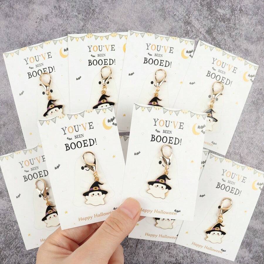 Gift For Her/Him, 5pcs/10pcs Cute Little Ghost Keychains With Halloween Greeting Cards, Creative Holiday Party Gift Pendant, Perfect For Family, Friends, Neighbors Holiday Gift - Multicolor - View 1