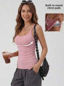 1pc Spring/Summer Large U-Neck Backless Tank Top, 2-In-1 Built-In Cup Pads Camisole, Casual Slim Fit Outerwear/Base Layer Top For Women - Pink - View 1