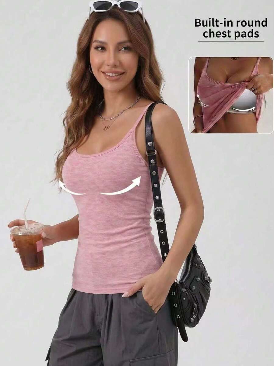 1pc Spring/Summer Large U-Neck Backless Tank Top, 2-In-1 Built-In Cup Pads Camisole, Casual Slim Fit Outerwear/Base Layer Top For Women - Pink - View 1