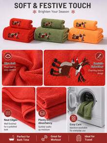 Christmas Reindeer Embroidered Coral Fleece Bath Towel Set, Multiple Colors Available, Soft And Absorbent, 1pc/3pcs Optional, Home Bathroom Face And Bath Towel, Christmas Home Decor Holiday Gift - Multicolor - View 3