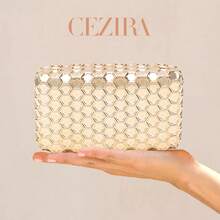 CEZIRA Women's Metal Gold Geometric Honeycomb Pattern ABS Box Clutch Bag, Luxury Designer Crossbody Bag Suitable For Weddings, Banquets, Parties And Dates - Gold - View 9