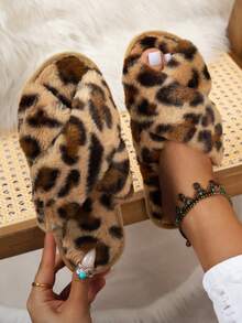 Women's Cross-Strap Anti-Slip Wear-Resistant Solid Color Open-Toe Low-Heel Fuzzy Slippers, Comfortable Home Wear With Rabbit Fur And Faux Fur - Leopard Brown - View 1