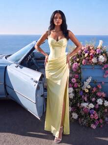 UNITHORSE Spaghetti Strap Ruffle Waist Satin Elegant Dress - Yellow - View 6
