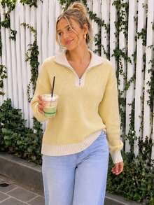 Women's Chunky Knit Half Zip Up Sweater, Beige Waffle Stitch Long Sleeve, Oversized Casual Solid Color Pullover With Ribbed Cuffs- - Yellow - View 6